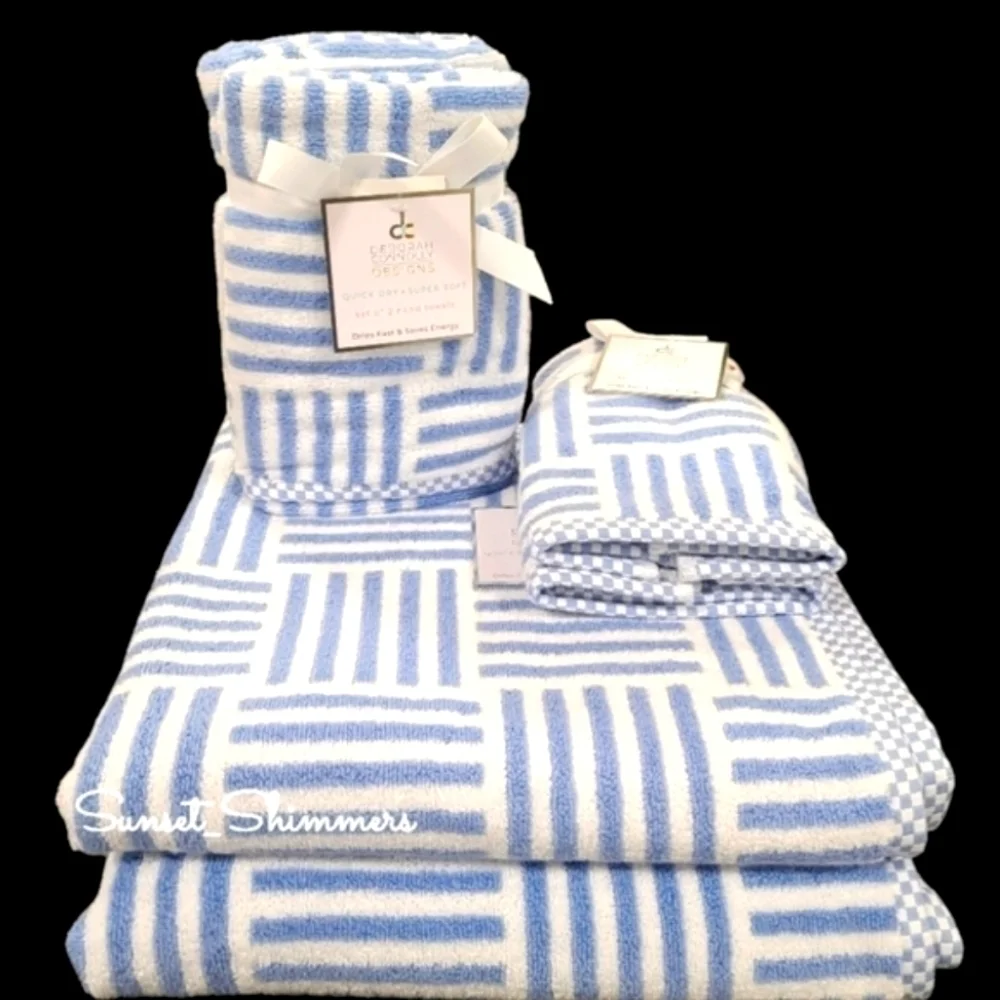 6pc Blue & White Nautical Stripe BATH Hand Tip Towel Set Deborah Connolly New